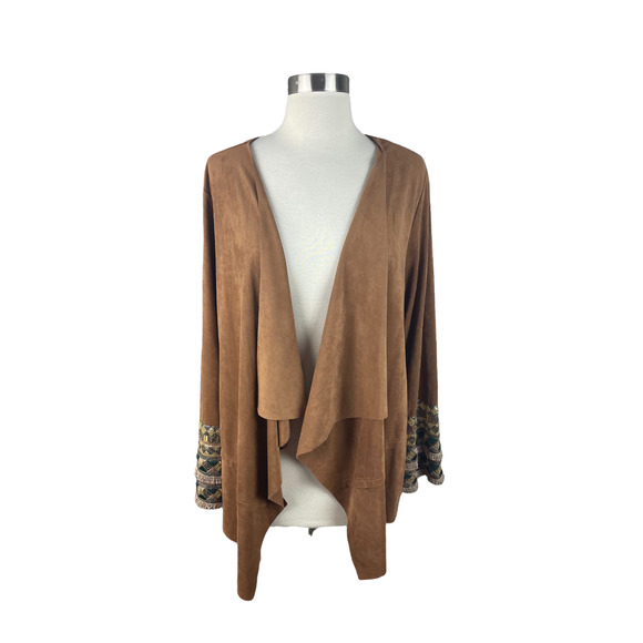 Soft Surroundings S Tan Faux Suede Open Front Sweater with Embroidery - Picture 1 of 4